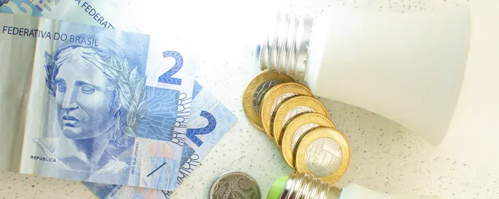 Notas de dois reais com moedas de um real e uma lâmpada de luz.